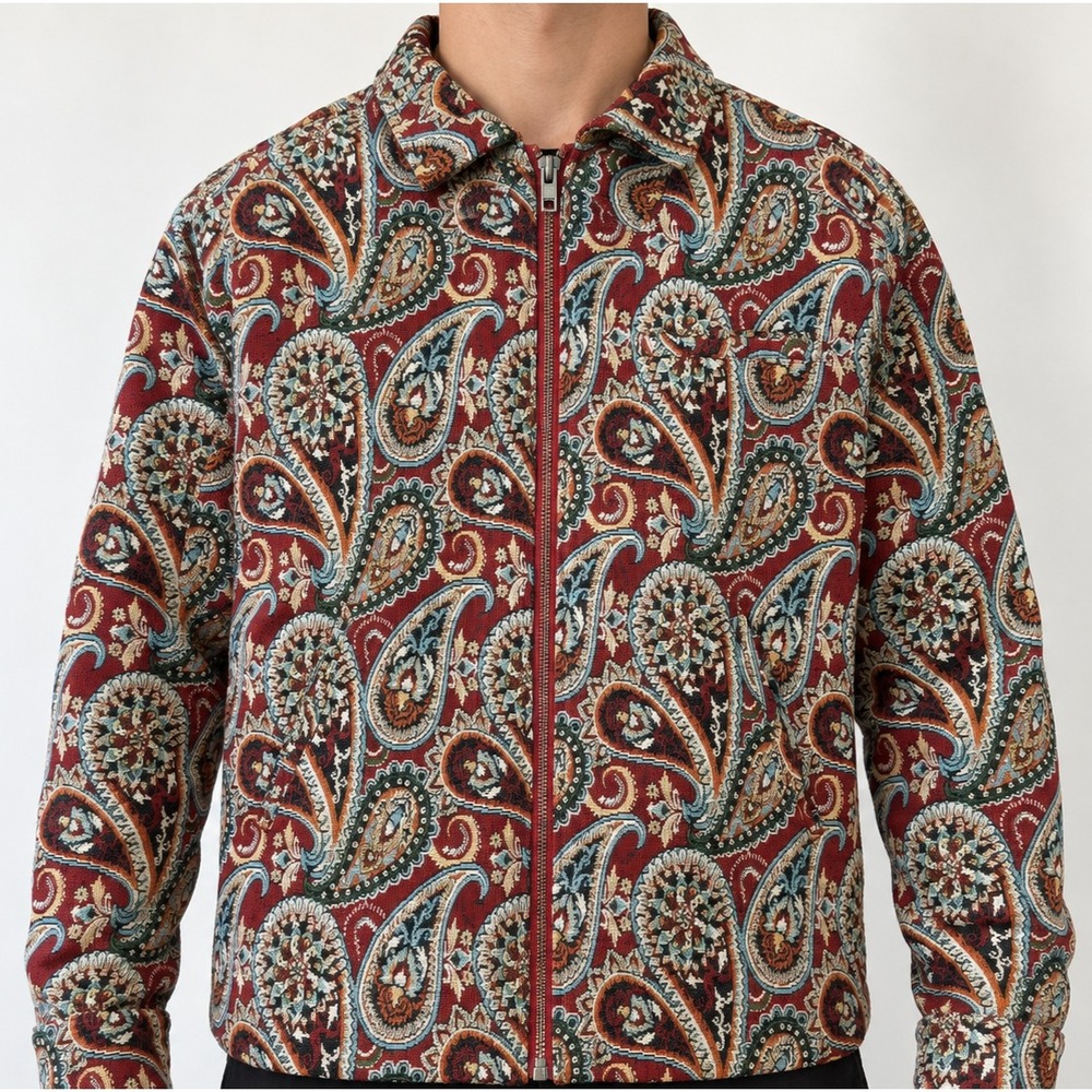 PacSun Paisley Tapestry Gas Jacket Men M Burgundy Red Lined Full Zip Boho Skater